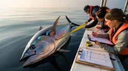 A rare giant bluefin tuna is measured and confirmed by marine biologists using peer-reviewed protocols